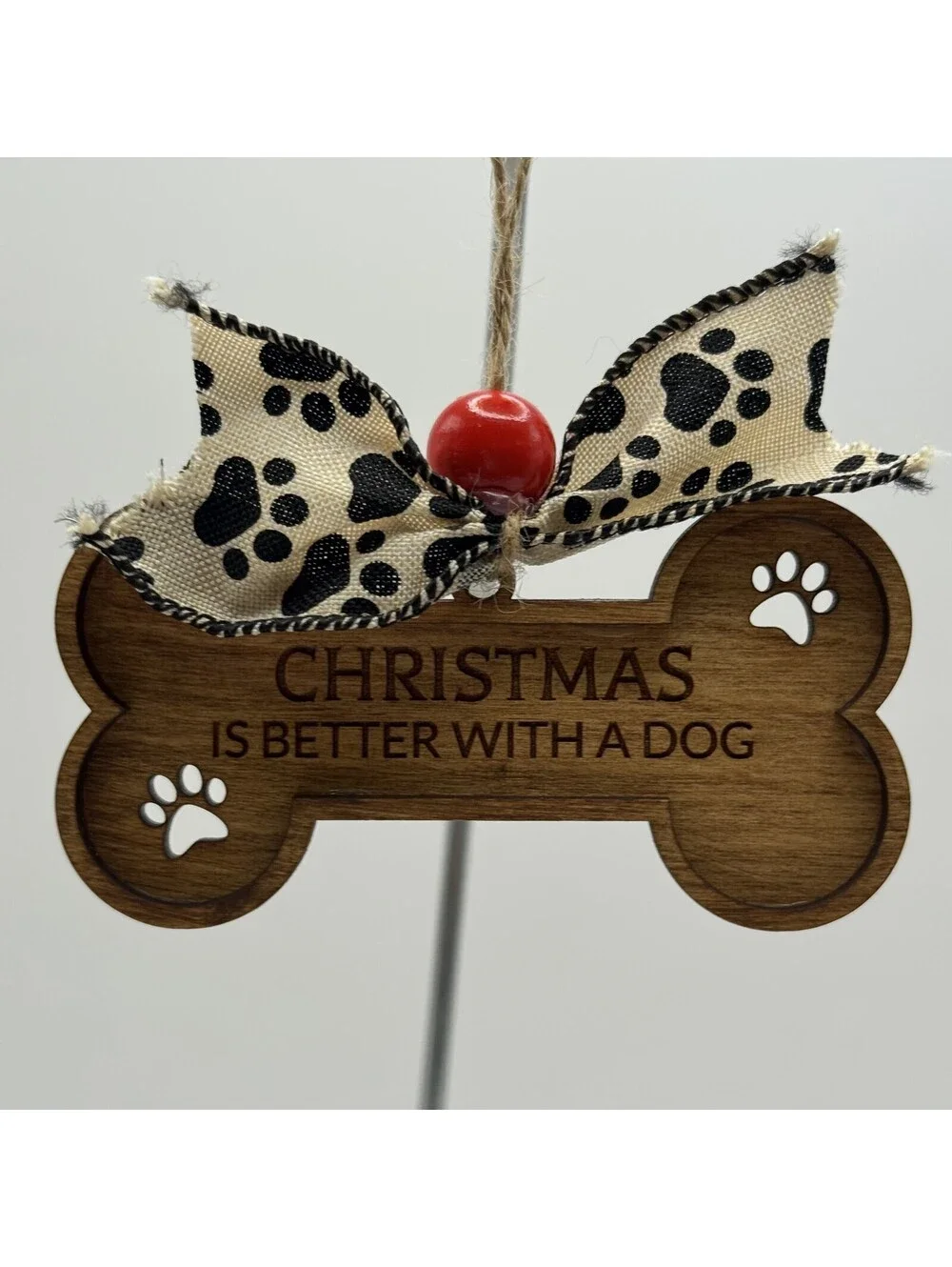Dog Bone Wooden Ornament Handmade Paw Print Dog Puppy Love Christmas Xmas Ribbon